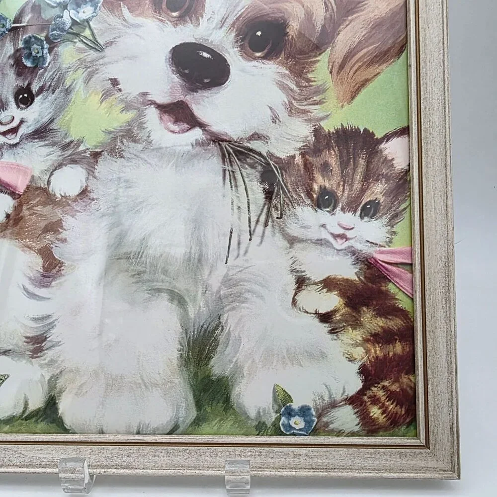 Vintage Framed Puppy & Kittens Print Wall Art Retro Illustration Wooden Frame 50